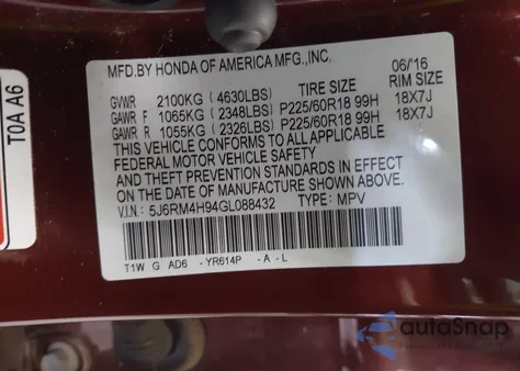 2016 Honda Cr-V Touring из США, поврежденный, VIN 5J6RM4H94GL088432